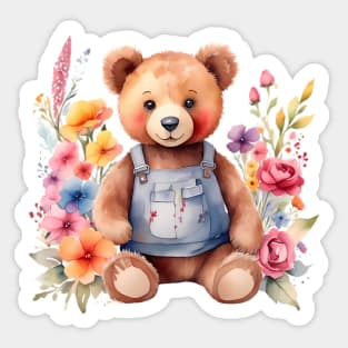 A teddy bear decorated with beautiful watercolor flowers Sticker